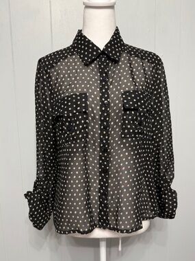 #16)  Passports Black Polka Dot Polyester button down Top